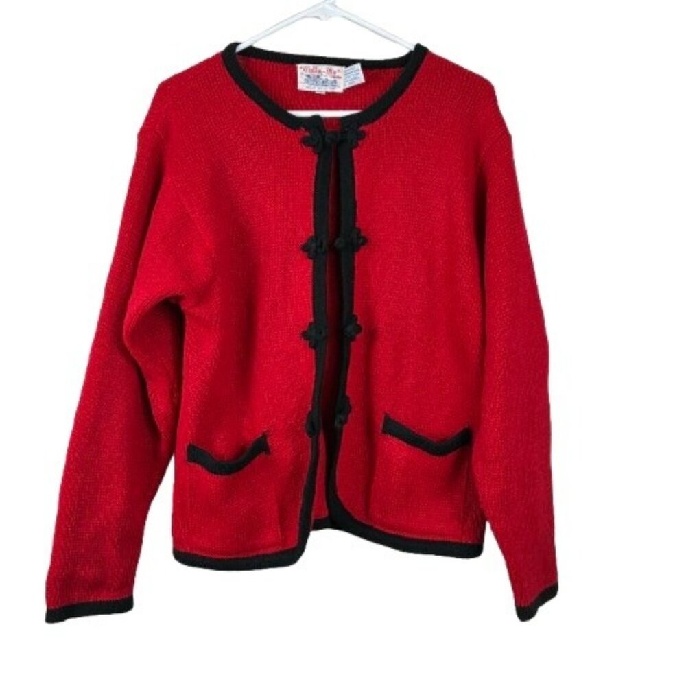 VTG  80s Tally-ho Red Black Knit Knot Button Sweater Size Medium Preppy